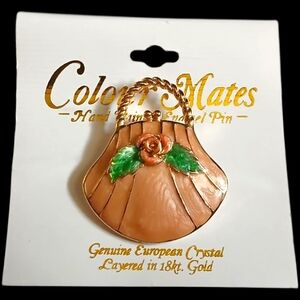 Vtg Colour Mate Hand Painted Enamel Brooch Layered In 18k Gold European Crystals